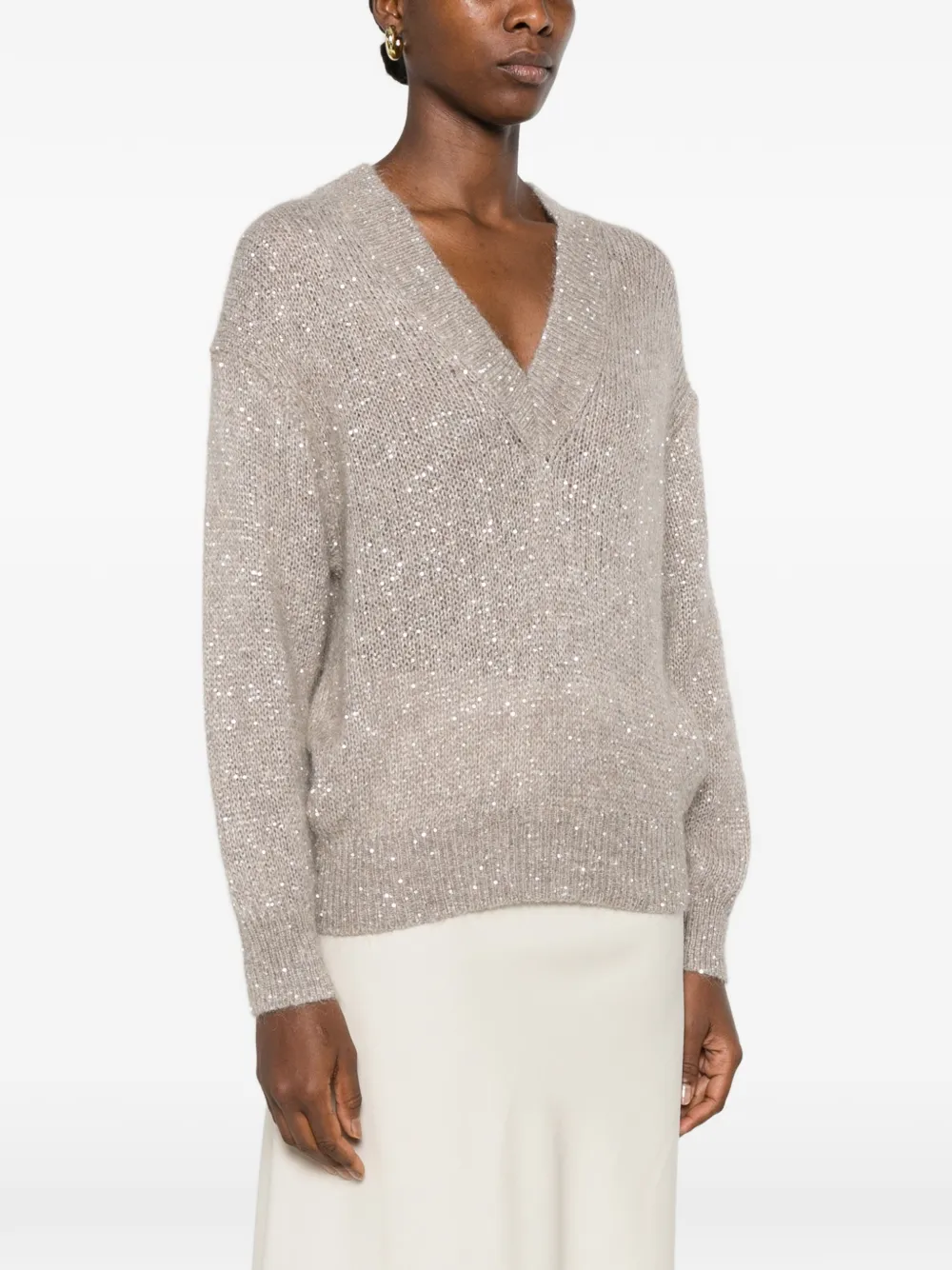 Brunello Cucinelli Trui verfraaid met pailletten en V-hals Beige