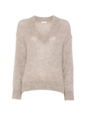 Brunello Cucinelli sequin-embellishment V-neck Sweater | Neutrals