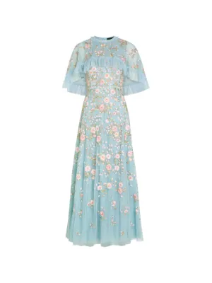 needle & thread ruffle midi dress in allover floral print Needle & Thread Lunaria floral-embroidered Ruffled Tulle Gown | Blue