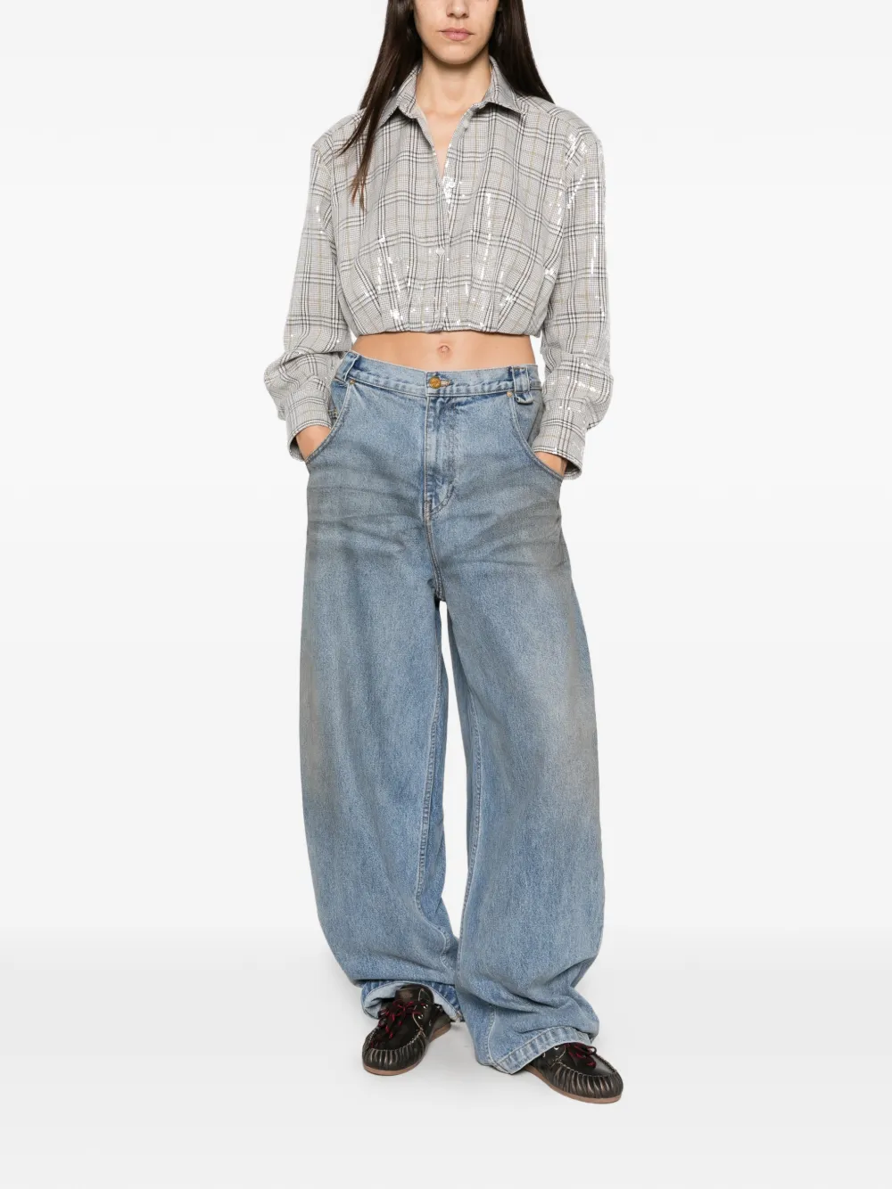 Manuel Ritz sequin-embellished checked shirt Blauw