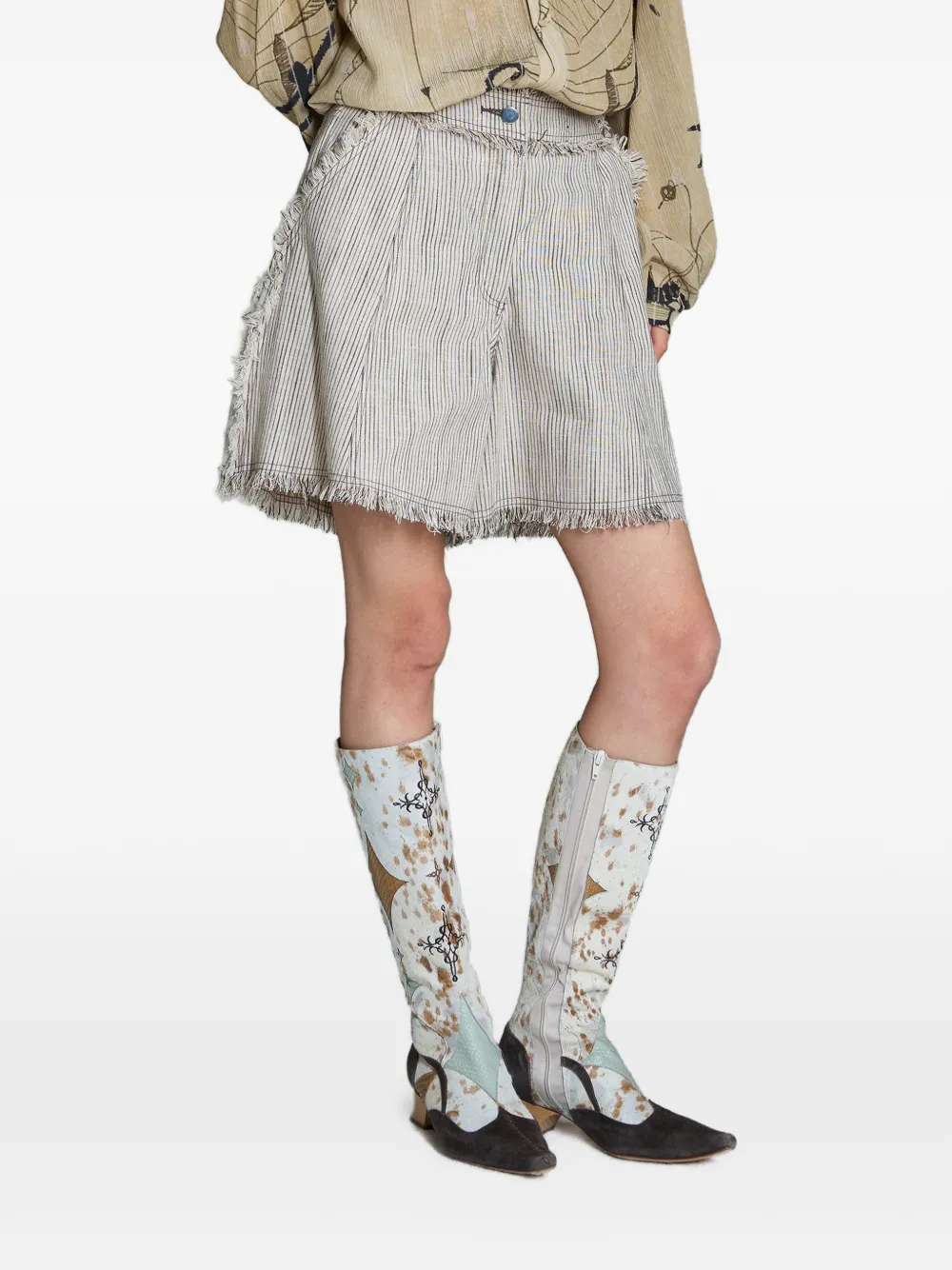 YANGKEHAN striped frayed shorts - Bianco