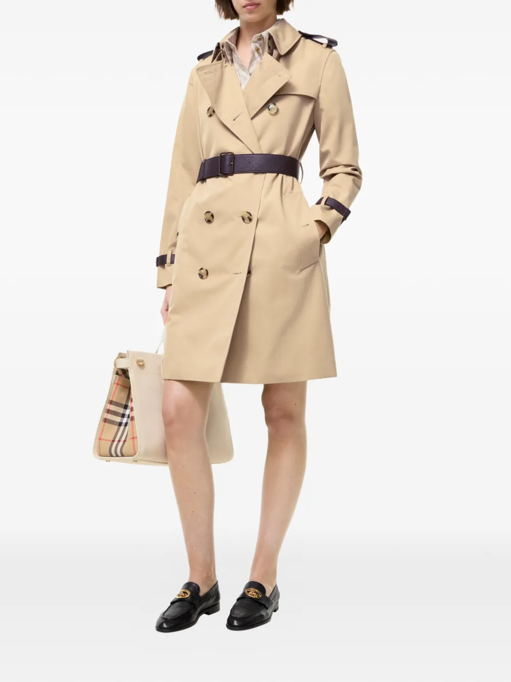 Burberry Kensington trenchcoat met leren afwerking Beige