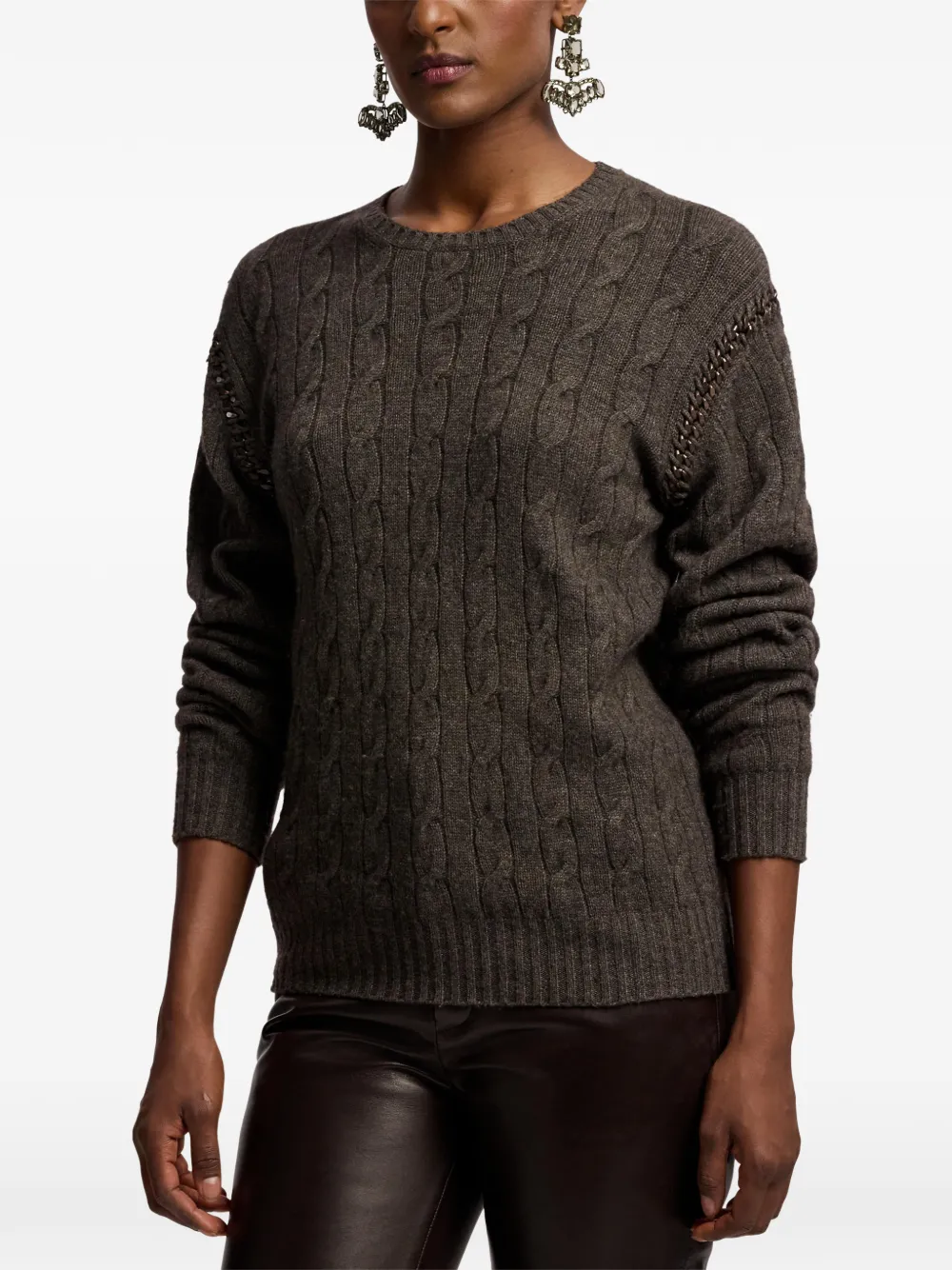 Ralph Lauren Collection Kabelgebreide trui verfraaid met ketting Bruin