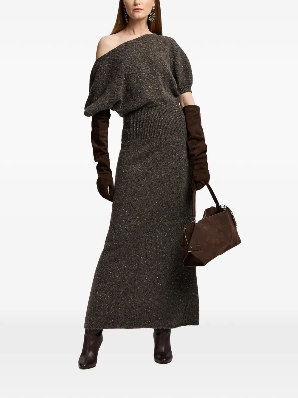 Ralph Lauren Collection Cecie off-shoulder midi-jurk Bruin