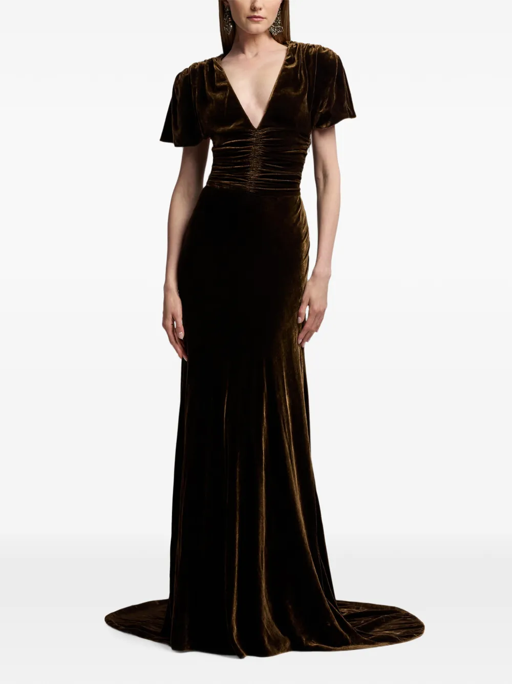 Ralph Lauren Collection Charisse fluwelen maxi-jurk met ruches Bruin