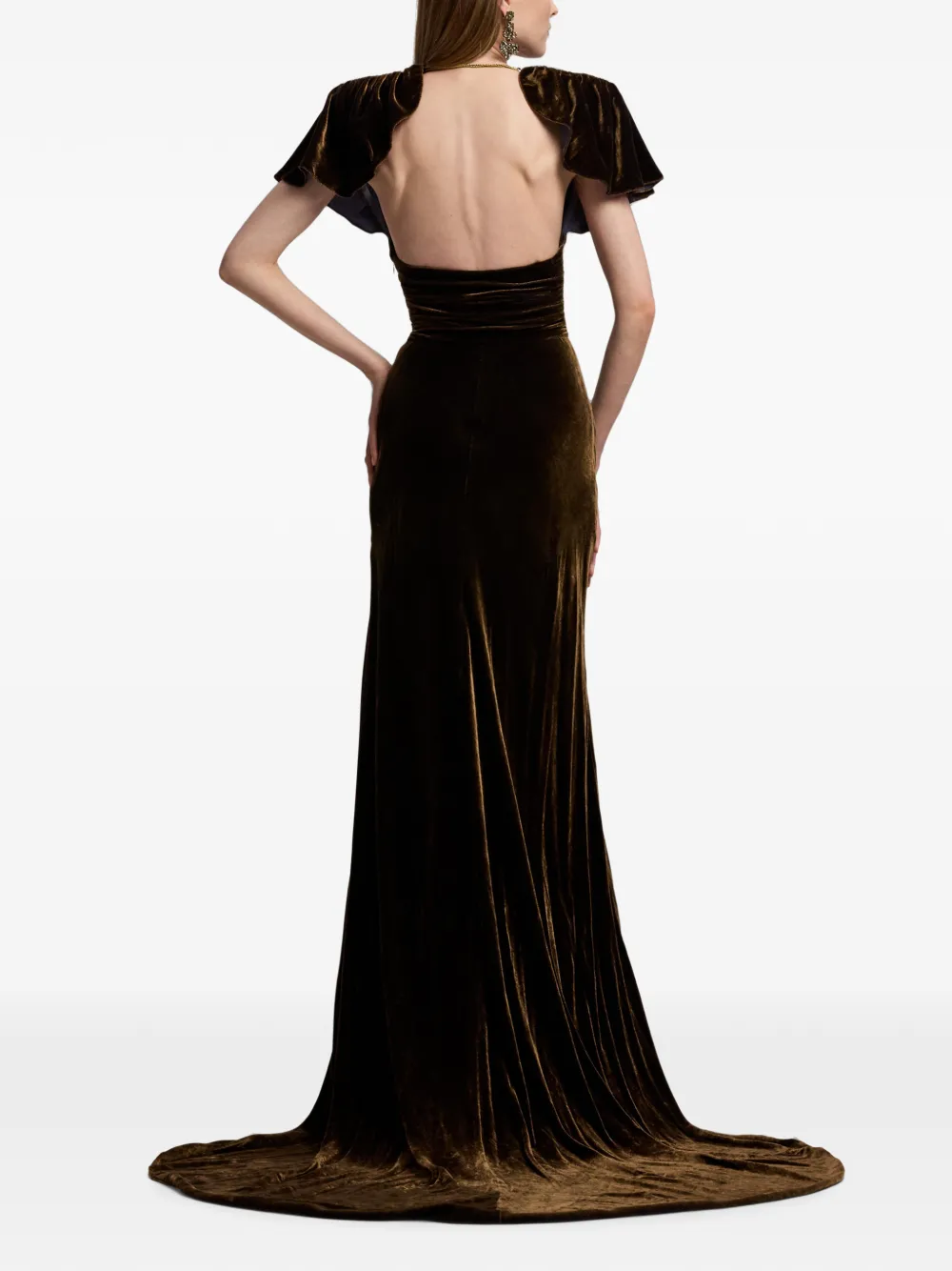 Ralph Lauren Collection Charisse fluwelen maxi-jurk met ruches Bruin