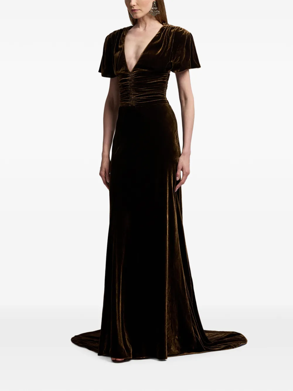 Ralph Lauren Collection Charisse fluwelen maxi-jurk met ruches Bruin