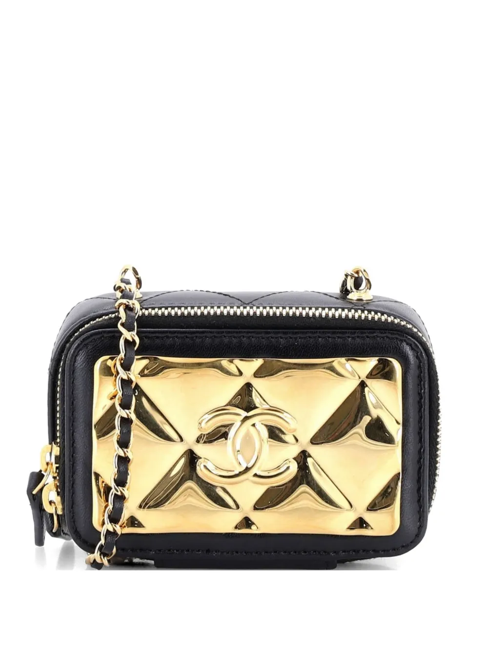 CHANEL Pre-Owned Golden Plate Zip Around Vanity Case with Chain Quilted Metal and Lambskin Extra Mini clutch bag - Nero