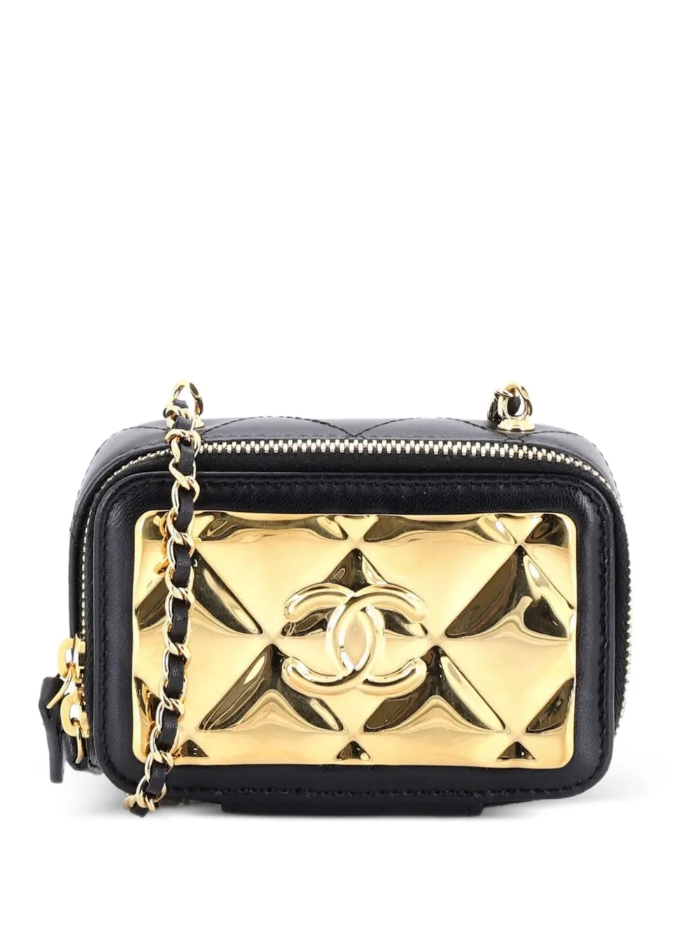 CHANEL Pre-Owned Golden Plate Zip Around Vanity Case with Chain Quilted Metal and Lambskin Extra Mini clutch bag - Black