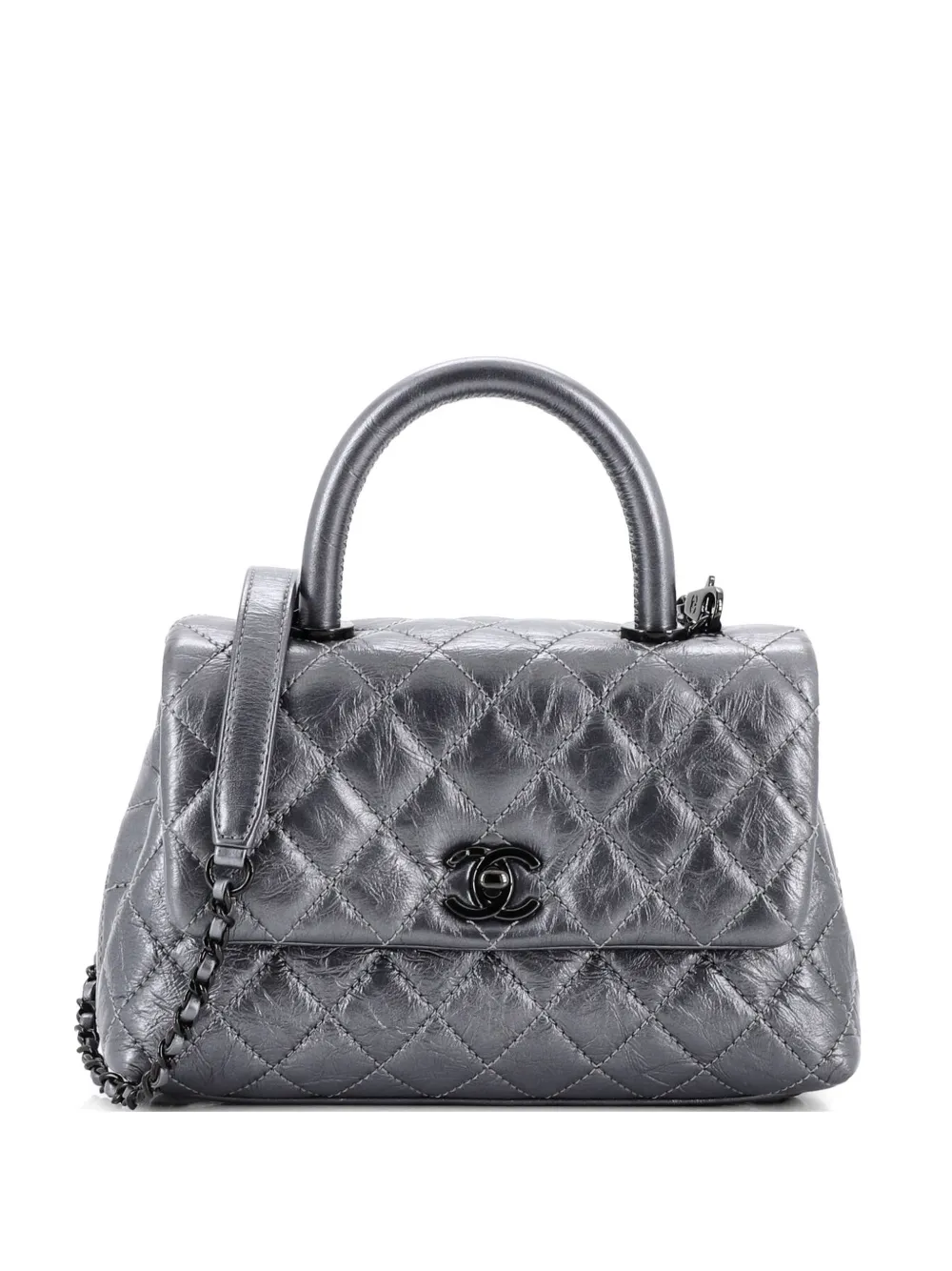 Pre-owned Chanel Coco Top Handle Bag Quilted Aged Calfskin Mini Satchel In Gray