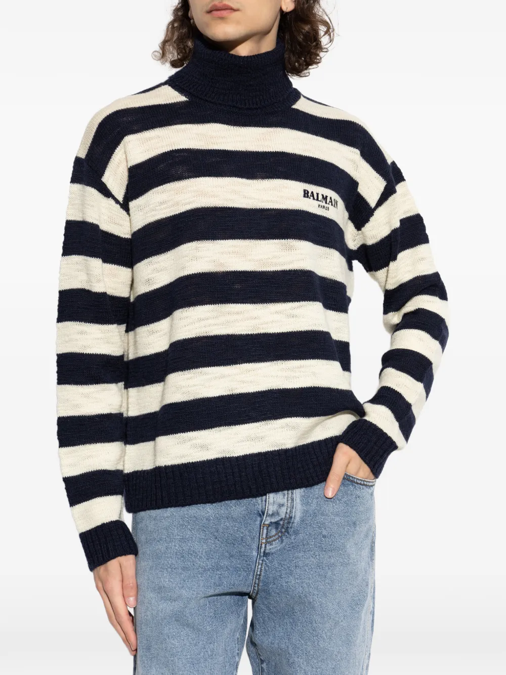 Balmain Gestreepte trui met geborduurd logo Blauw