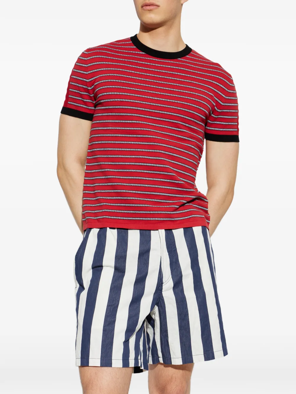  Versace Jacquard Greca-pattern Striped T-shirt - Rouge 