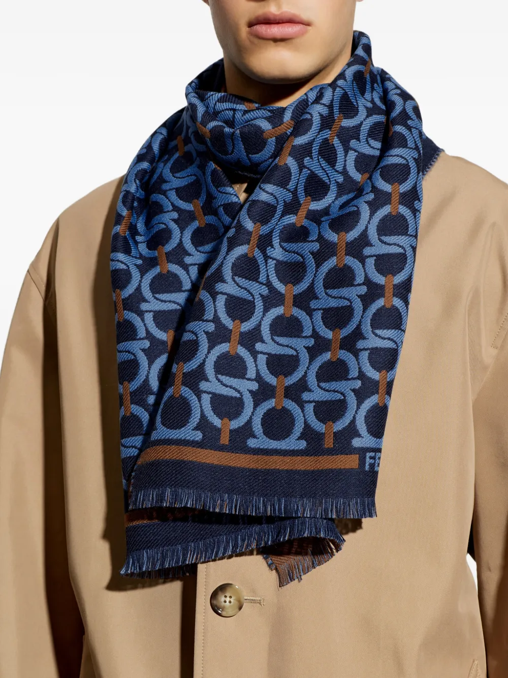 Ferragamo Sjaal met Gancini-jacquard en franje Blauw