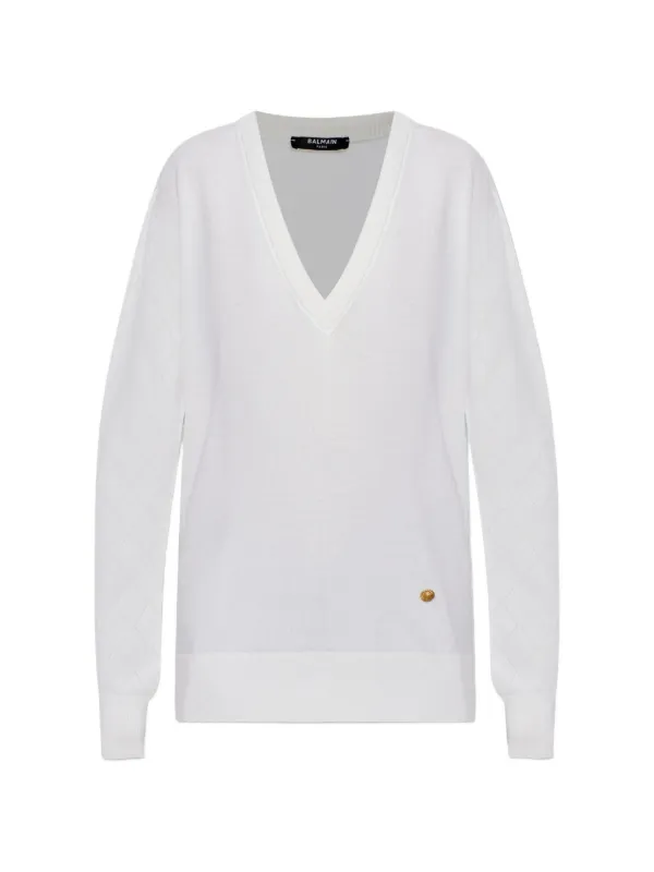 Balmain Pointelle-knit V-neck Sweater in White