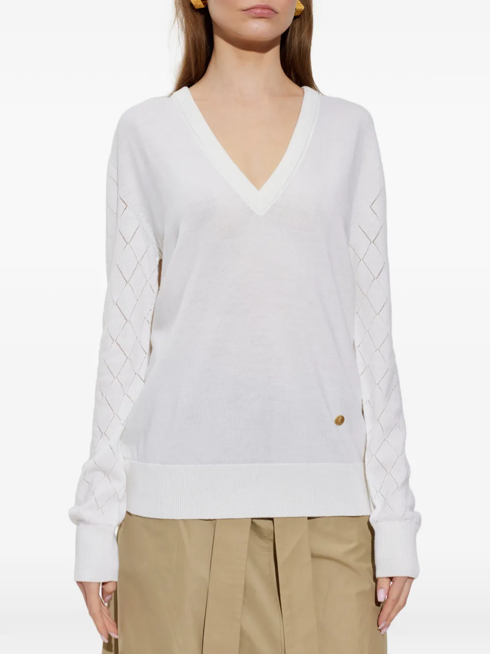 Balmain Pointelle-knit V-neck Sweater in White, view 3