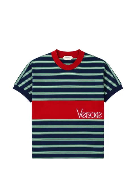Versace Camiseta de algodão com logo bordado e listras