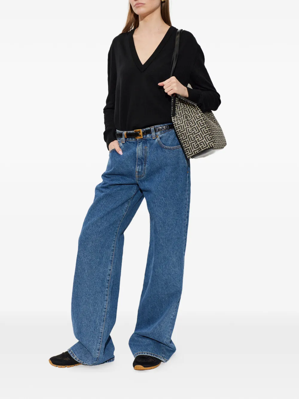 Balmain Trui met V-hals en diamantvormig patroon Zwart