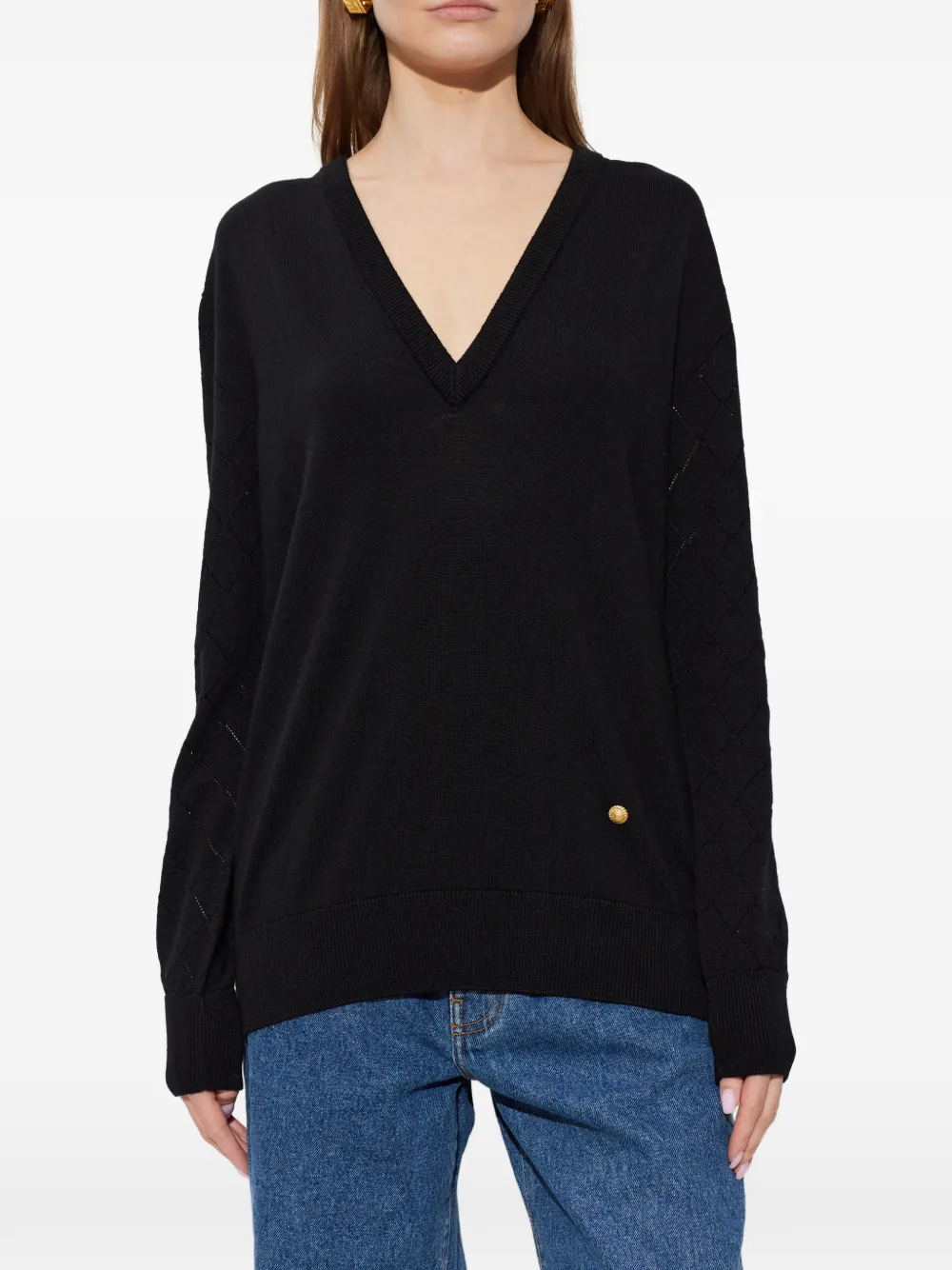Balmain Trui met V-hals en diamantvormig patroon Zwart