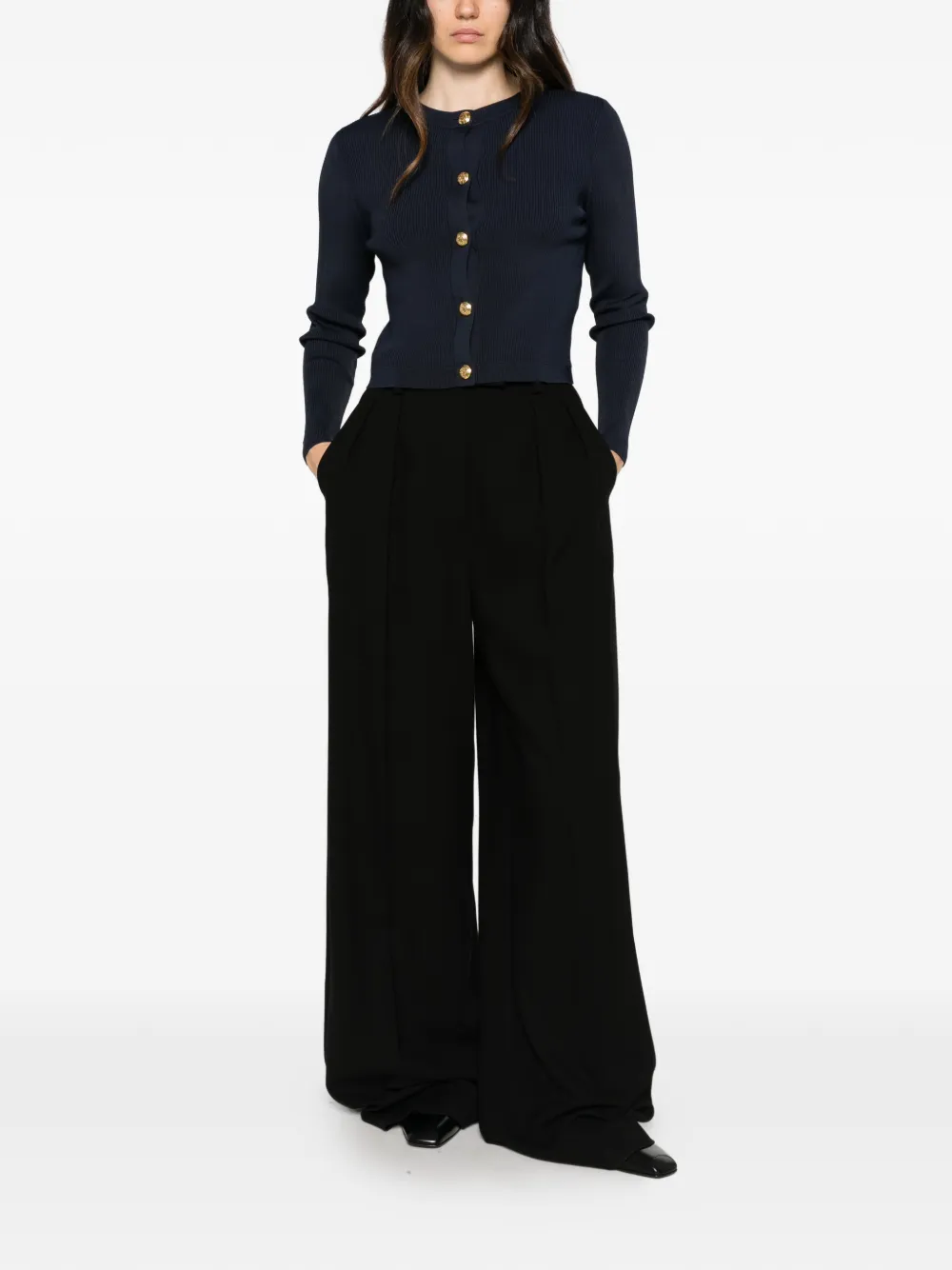 Lauren Ralph Lauren ribbed-knit gold-tone buttoned cardigan Blauw