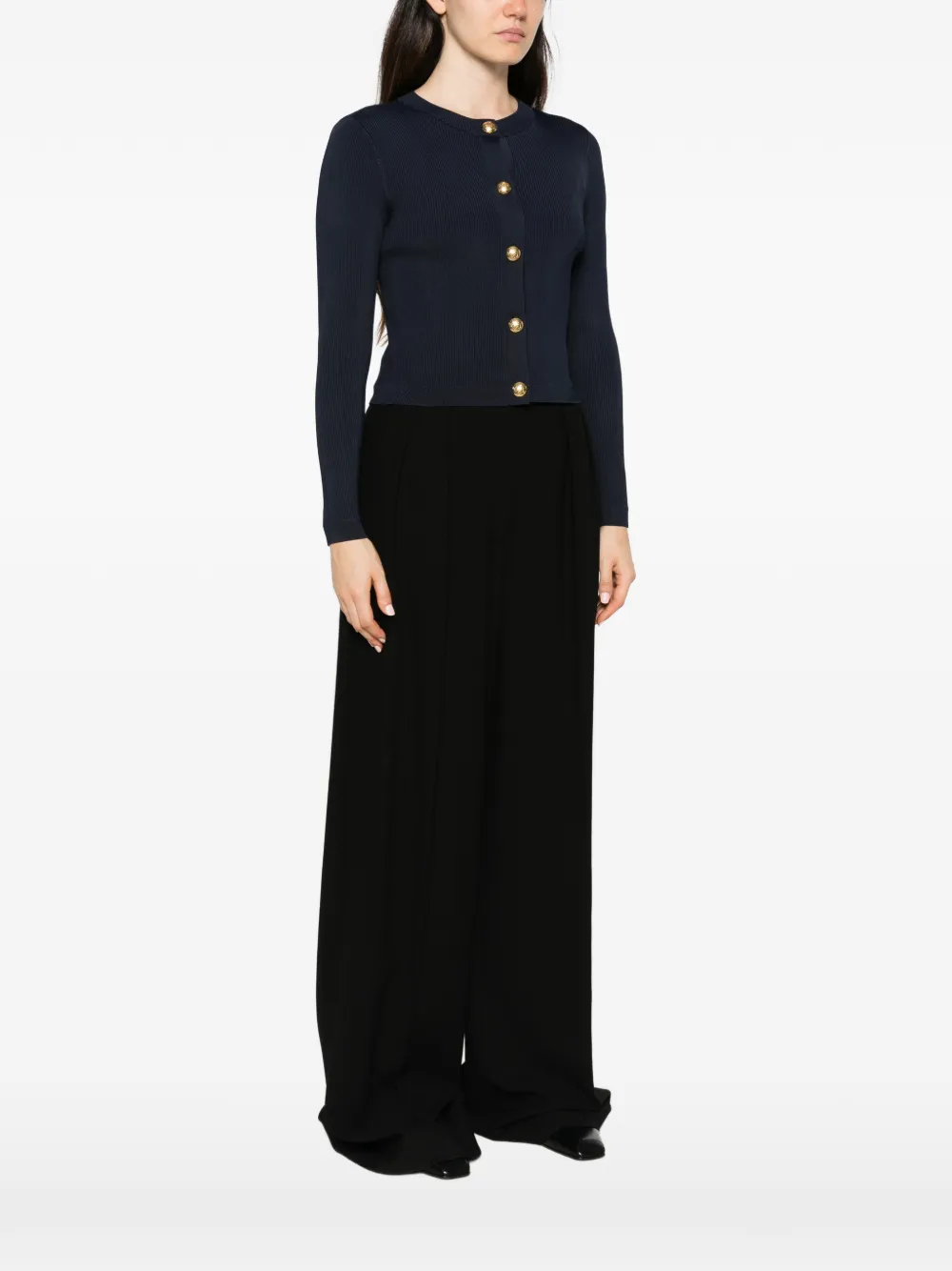 Lauren Ralph Lauren ribbed-knit gold-tone buttoned cardigan Blauw