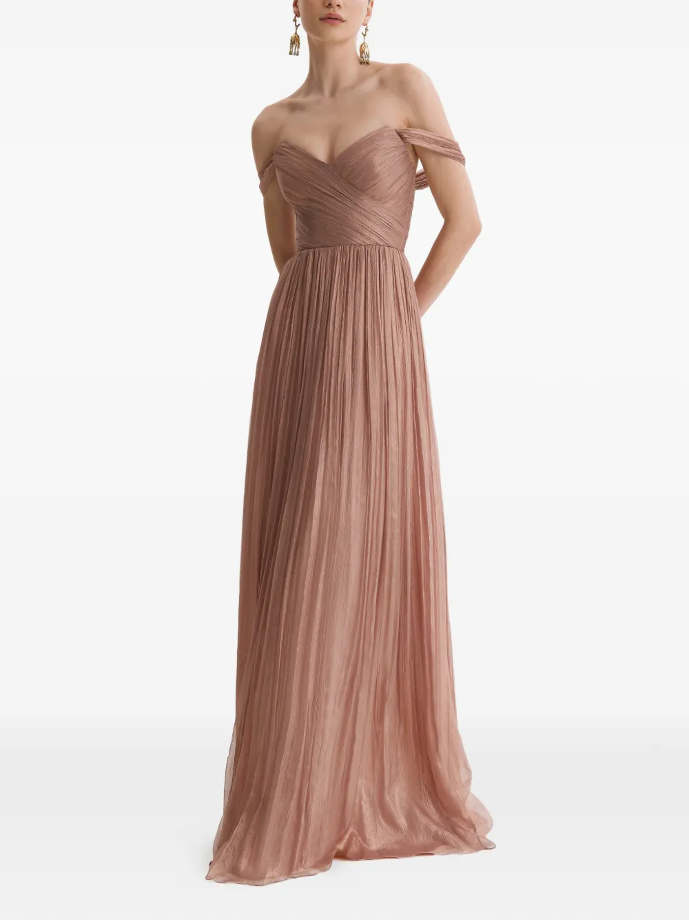 FRAMBOISE Vaasa off-shoulder pleated maxi dress - Marrone