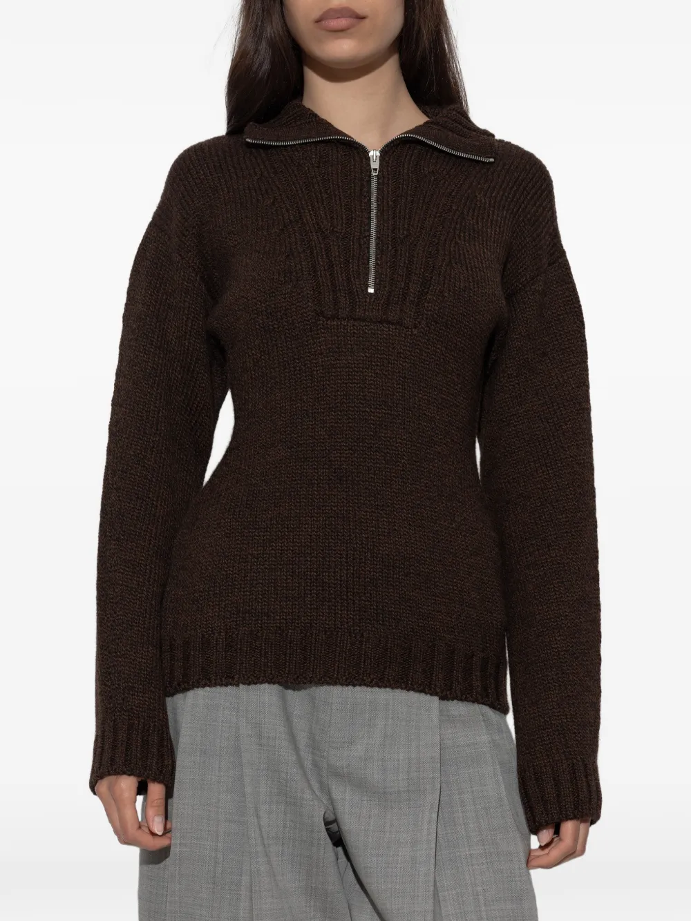 Jil Sander Ribgebreide trui met halve rits Bruin