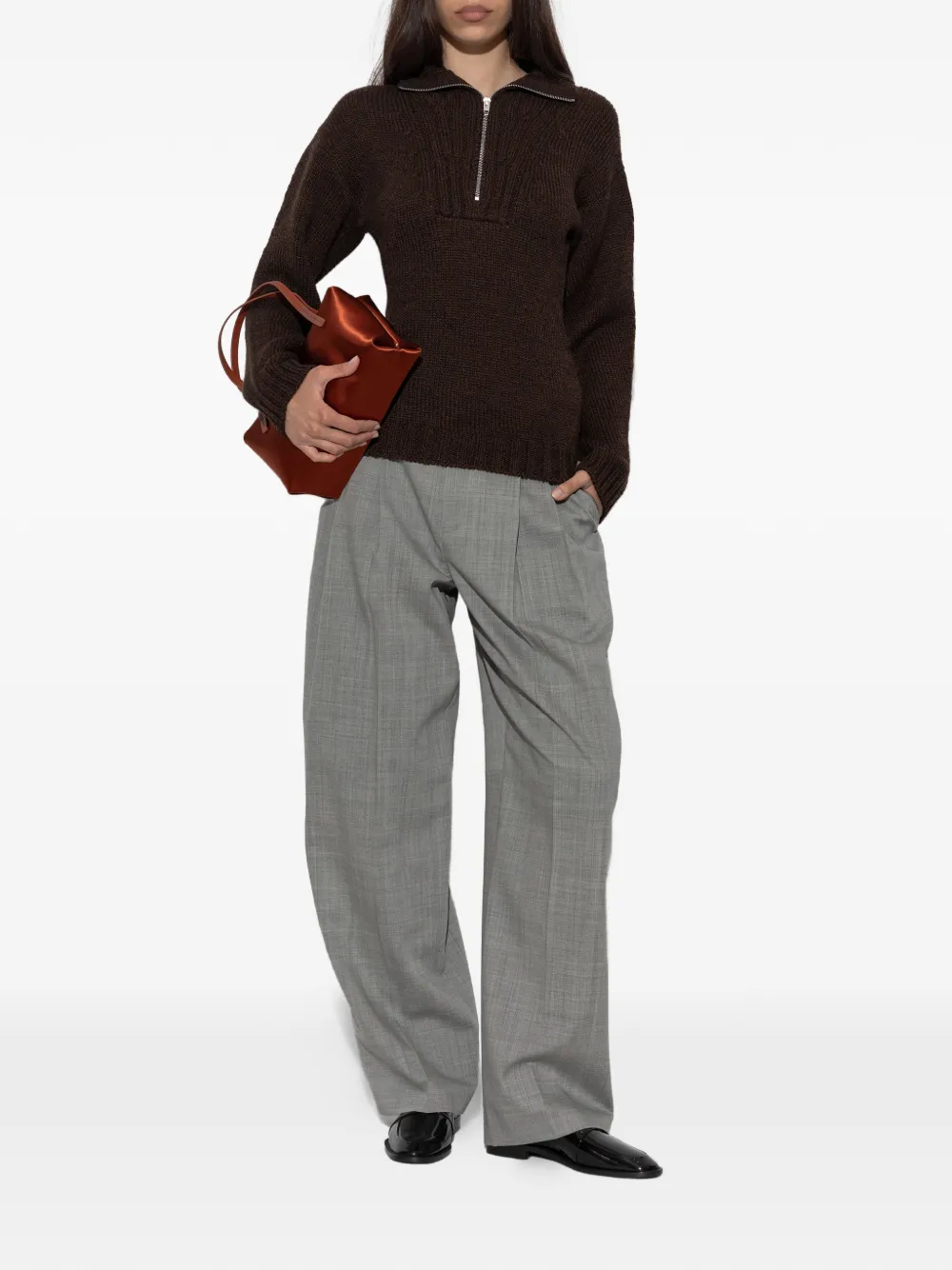 Jil Sander Ribgebreide trui met halve rits Bruin
