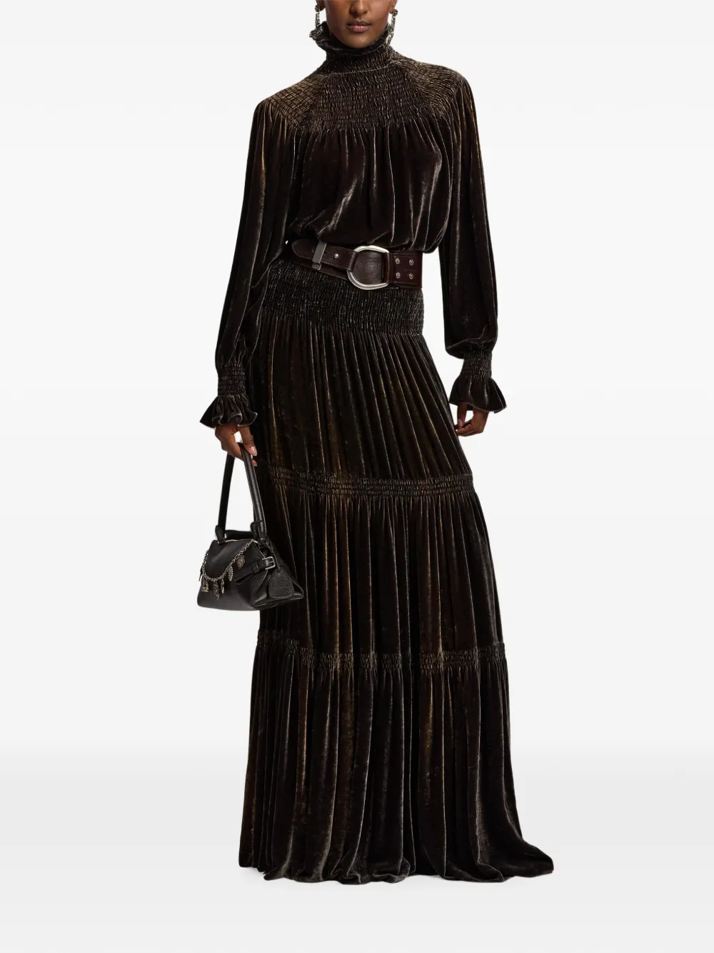 Ralph Lauren Collection Maddison gesmockte fluwelen blouse Bruin