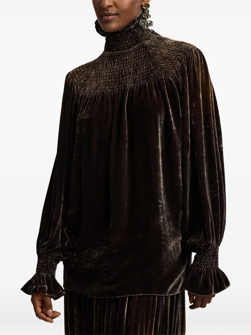 Ralph Lauren Collection Maddison gesmockte fluwelen blouse Bruin