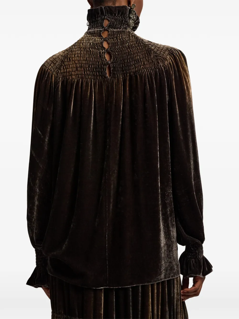 Ralph Lauren Collection Maddison gesmockte fluwelen blouse Bruin