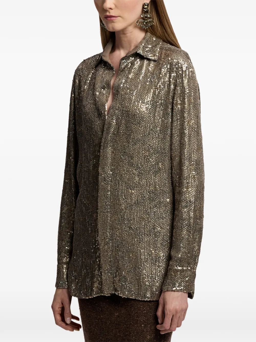Ralph Lauren Collection Reice zijden blouse verfraaid met pailletten Bruin