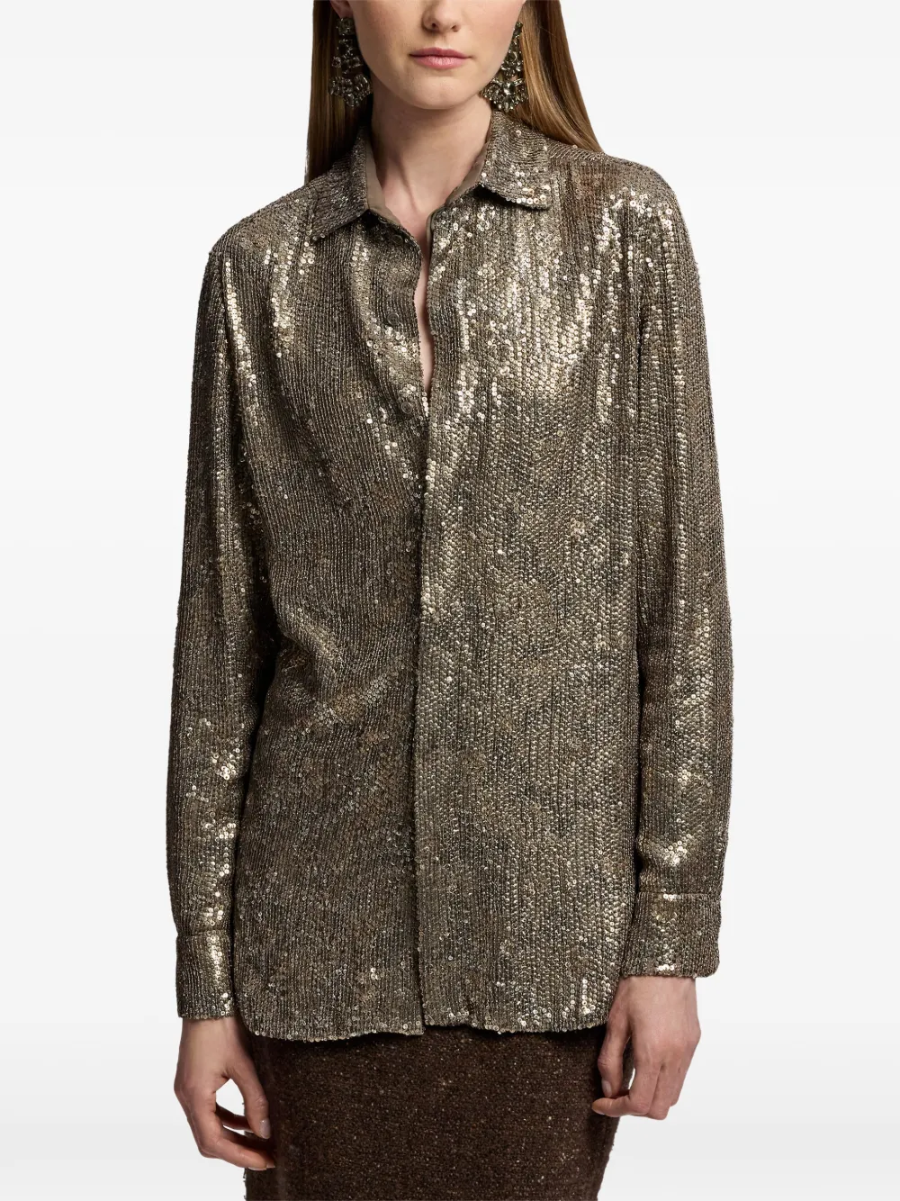 Ralph Lauren Collection Reice zijden blouse verfraaid met pailletten Bruin