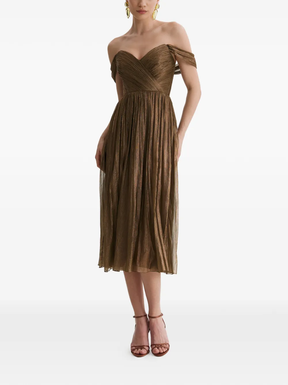 FRAMBOISE Giavera geplooide off-shoulder midi-jurk Bruin