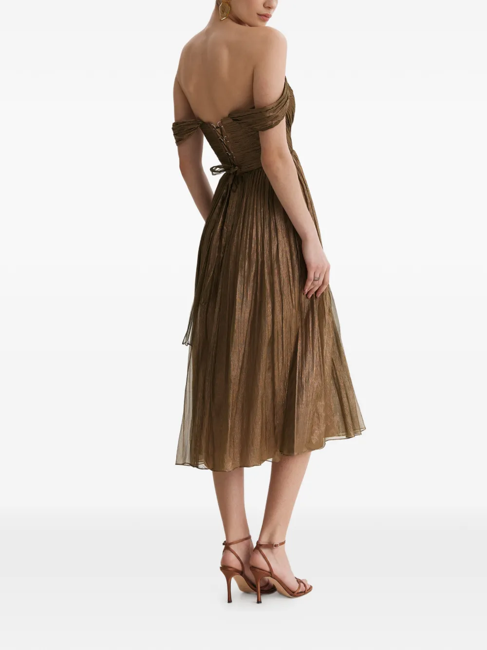 FRAMBOISE Giavera geplooide off-shoulder midi-jurk Bruin