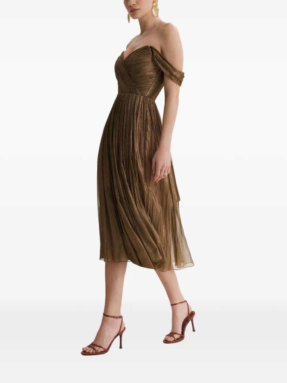 FRAMBOISE Giavera geplooide off-shoulder midi-jurk Bruin