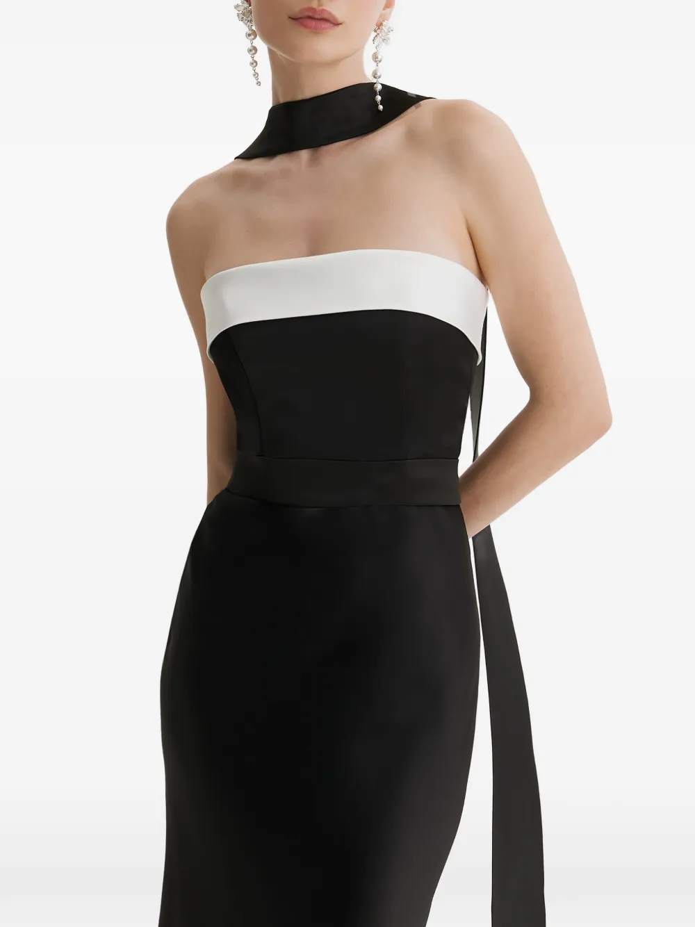 FRAMBOISE Hilary strapless maxi-dress met colourblocking Zwart