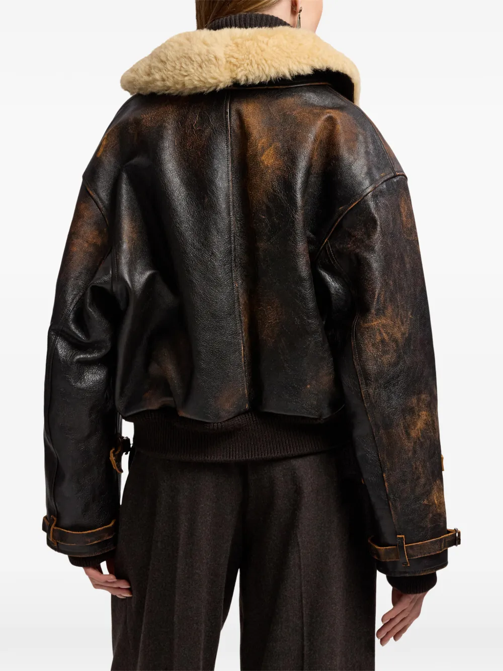 Ralph Lauren Collection Gerafeld leren jack met lammy kraag Bruin
