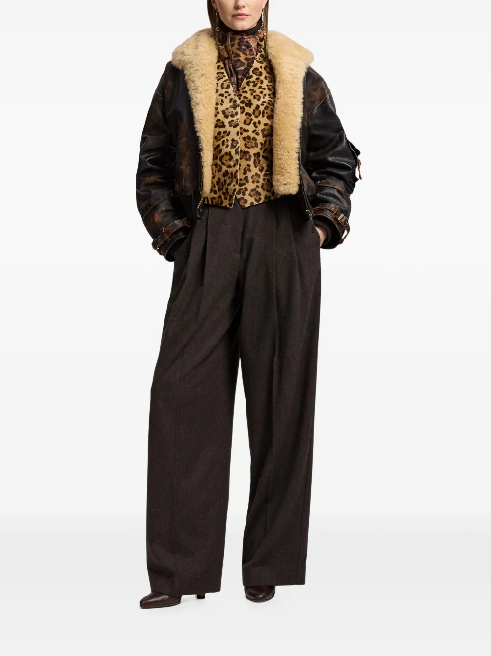 Ralph Lauren Collection Gerafeld leren jack met lammy kraag Bruin