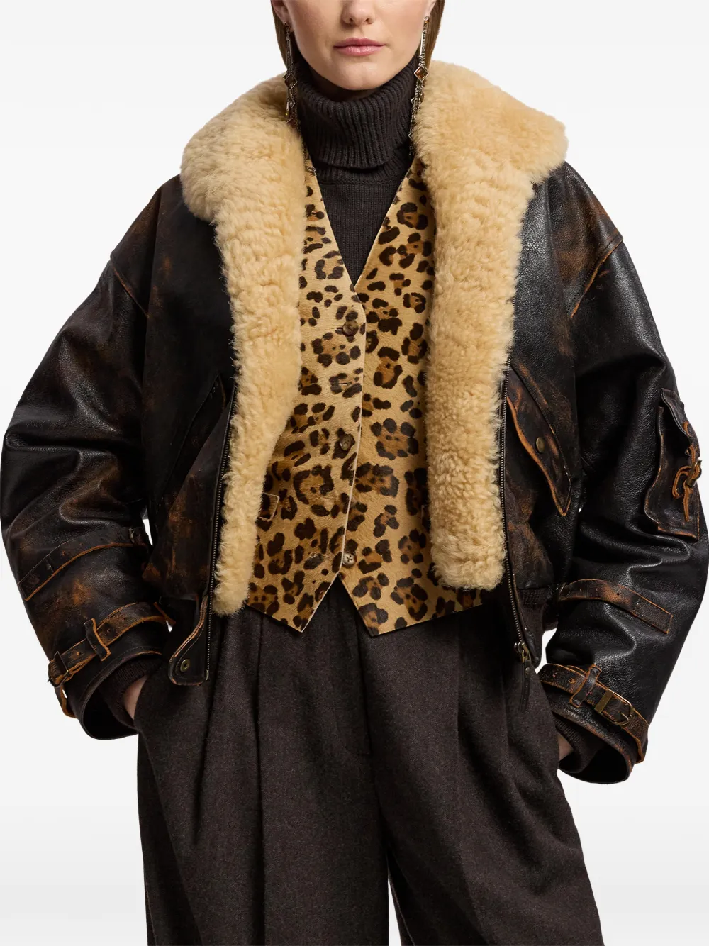 Ralph Lauren Collection Gerafeld leren jack met lammy kraag Bruin