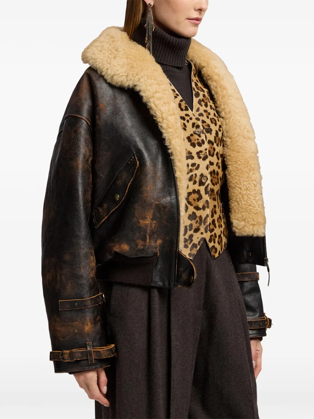 Ralph Lauren Collection Gerafeld leren jack met lammy kraag Bruin