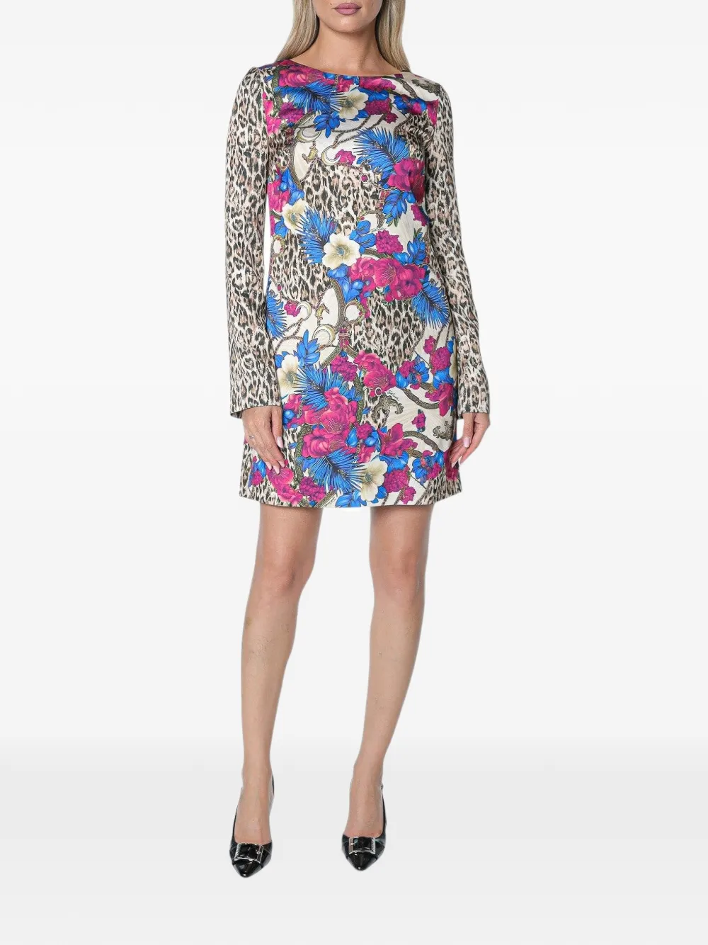 Just Cavalli leopard-print floral-print mini dress Beige