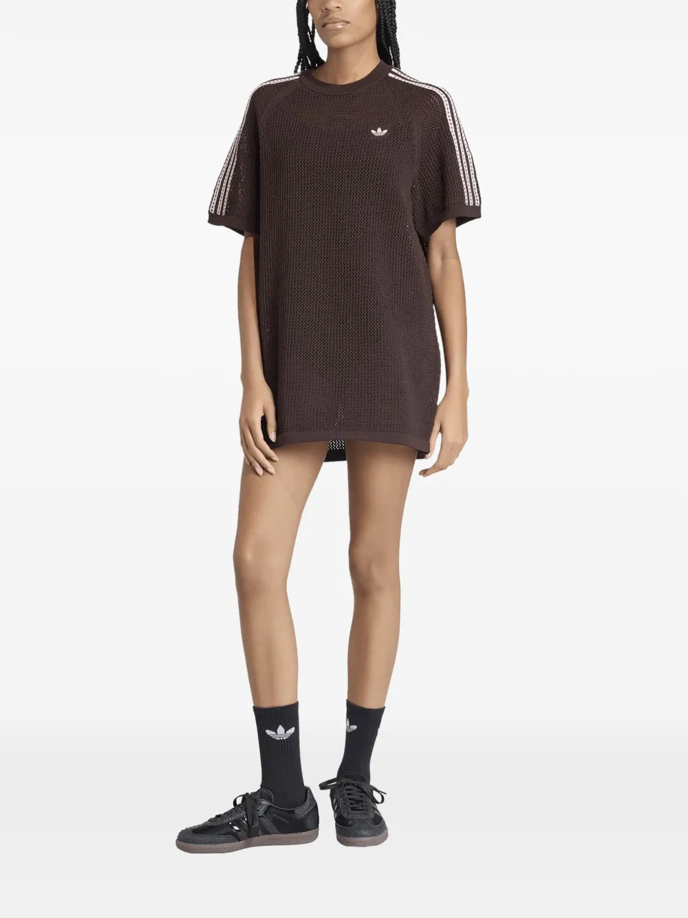 adidas crochet-knit side-stripe mini dress - Marrone