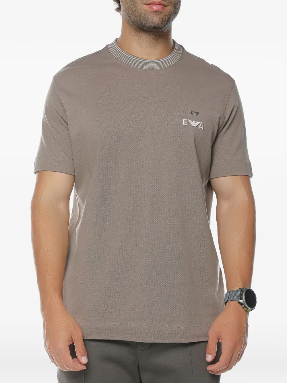 Emporio Armani logo-patch ribbed-trim T-shirt - Braun