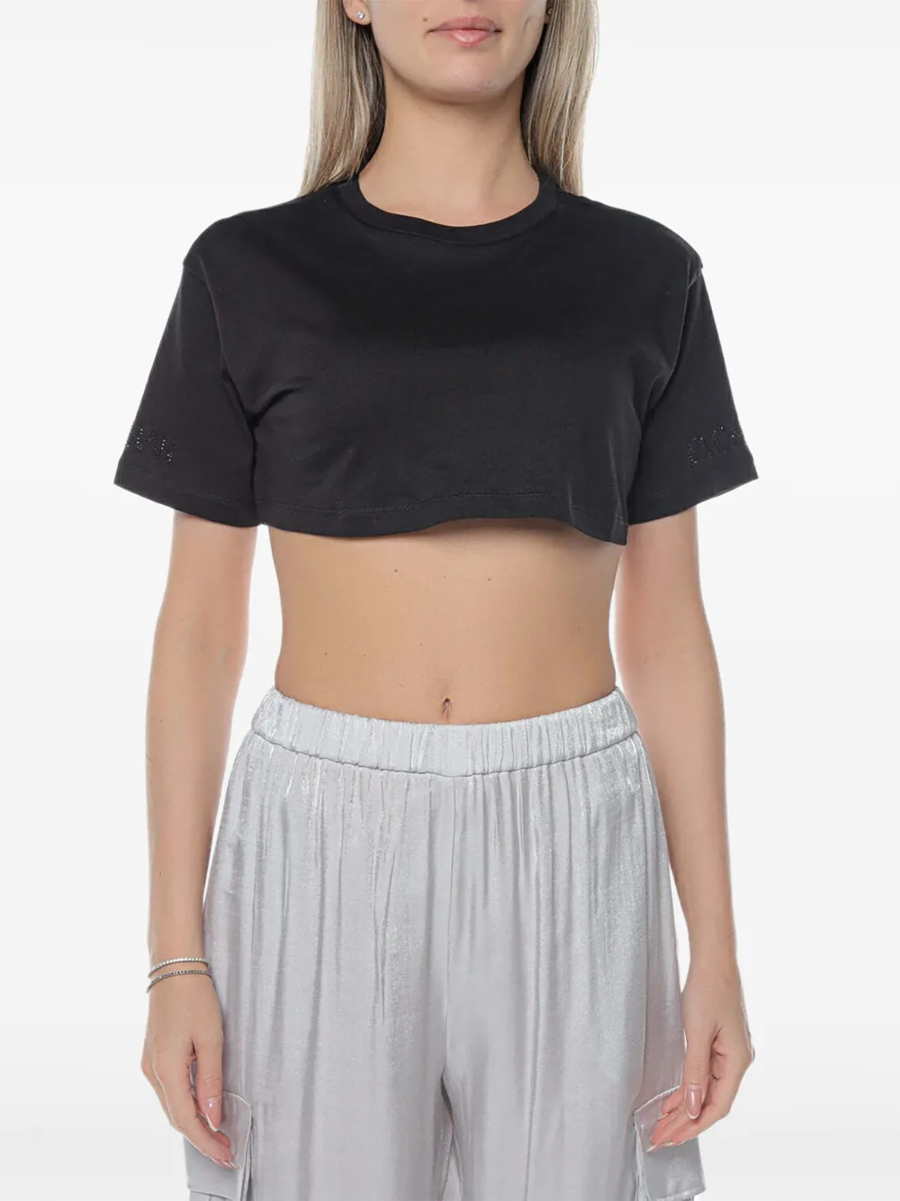 Armani Exchange cropped rhinestone-embellished T-shirt - Nero