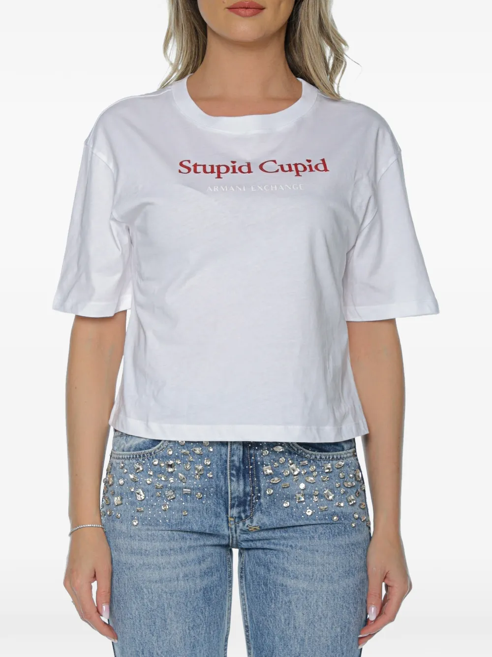 Armani Exchange slogan-print cropped T-shirt - Bianco