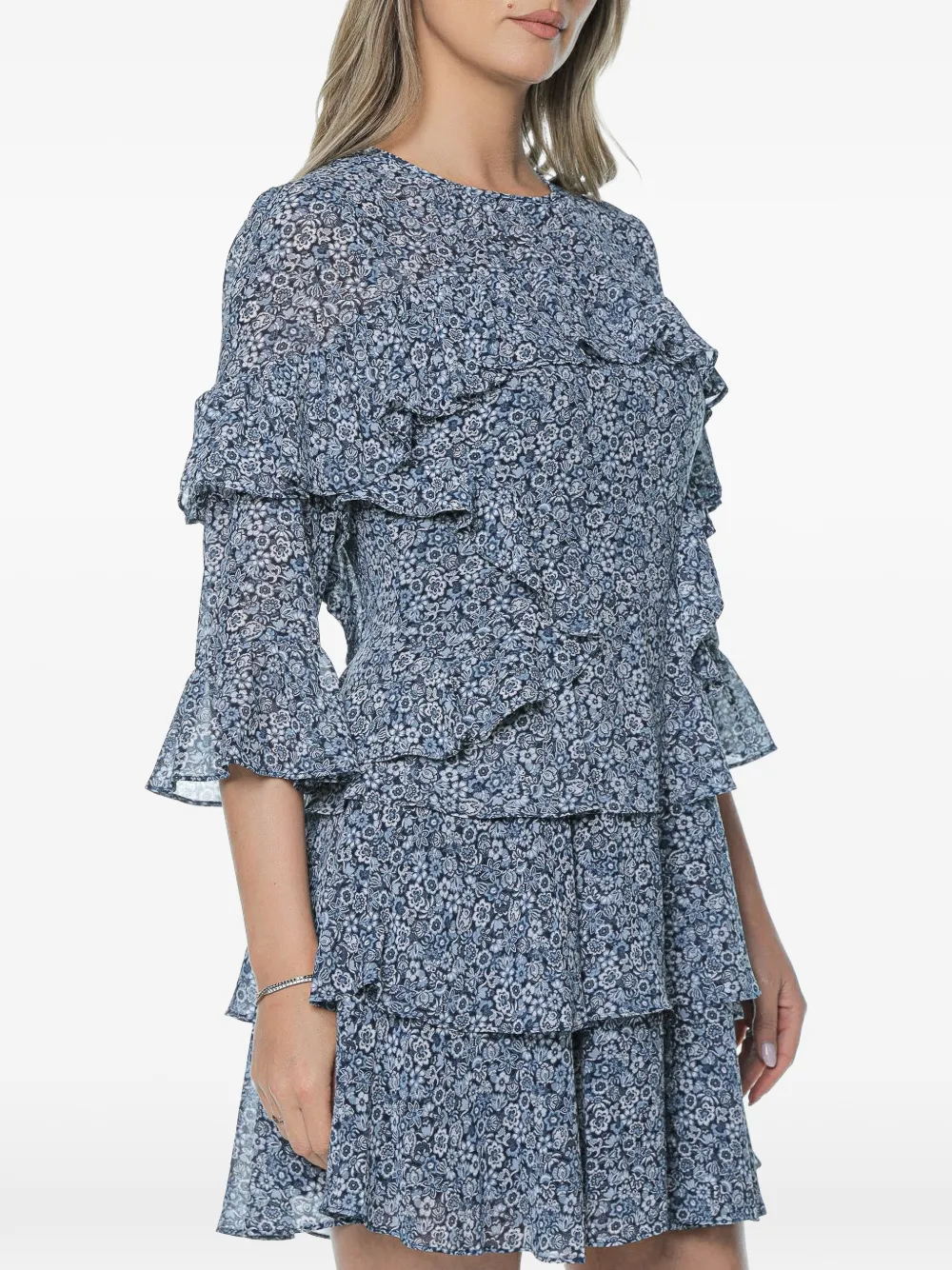 Michael Kors Georgette mini-jurk met bloemenprint en ruches Blauw