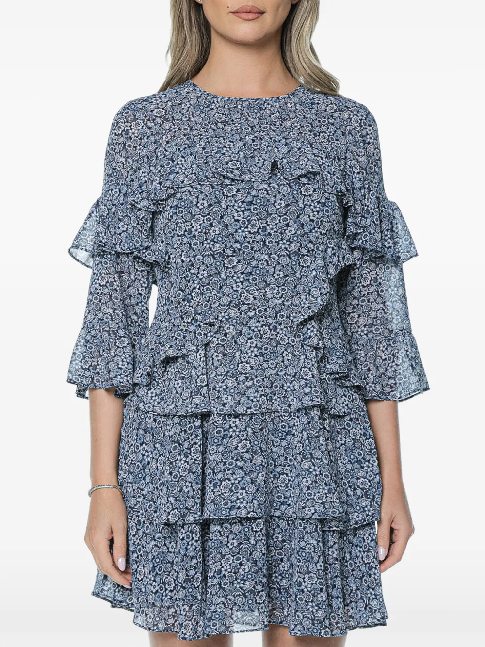 Michael Kors Georgette floral-print ruffled-detail mini dress - Blu