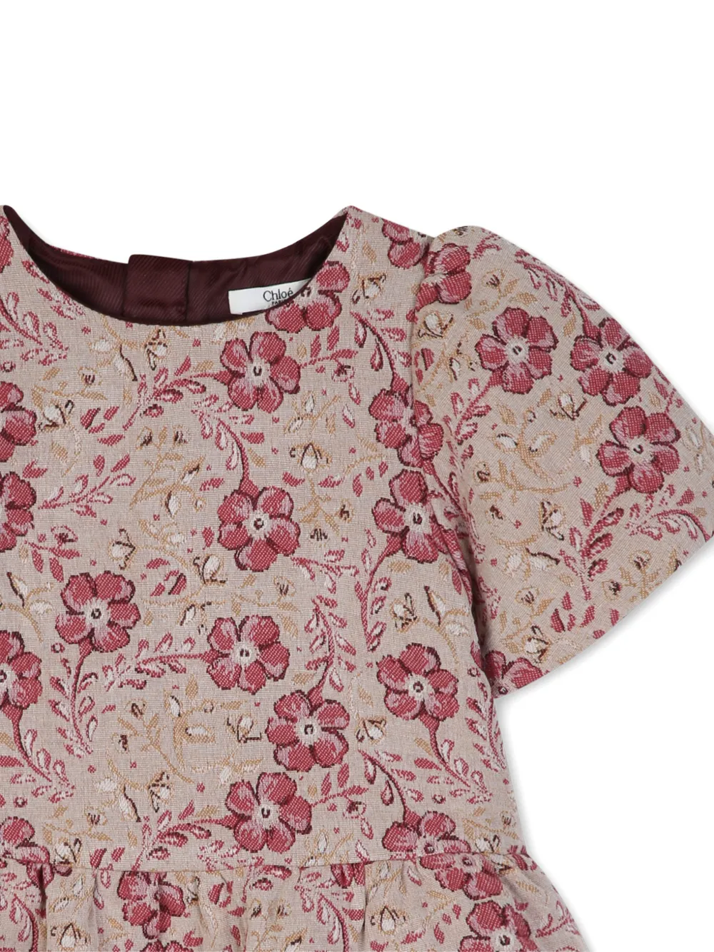 Chloé Kids Jurk met bloemen-jacquard en pofmouwen Beige