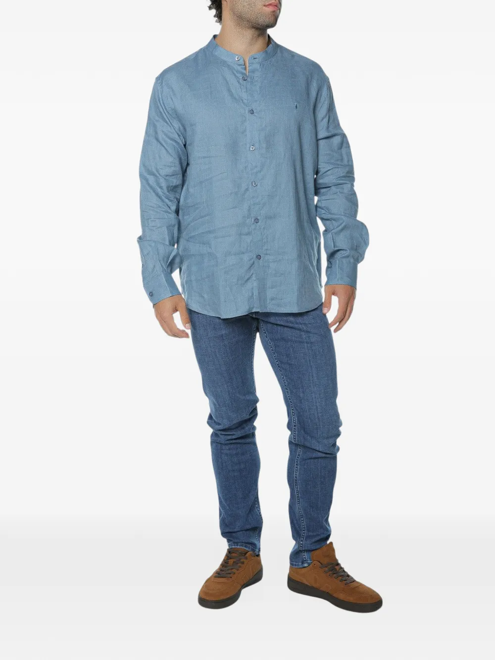 Trussardi stand-up collar linen shirt Blauw