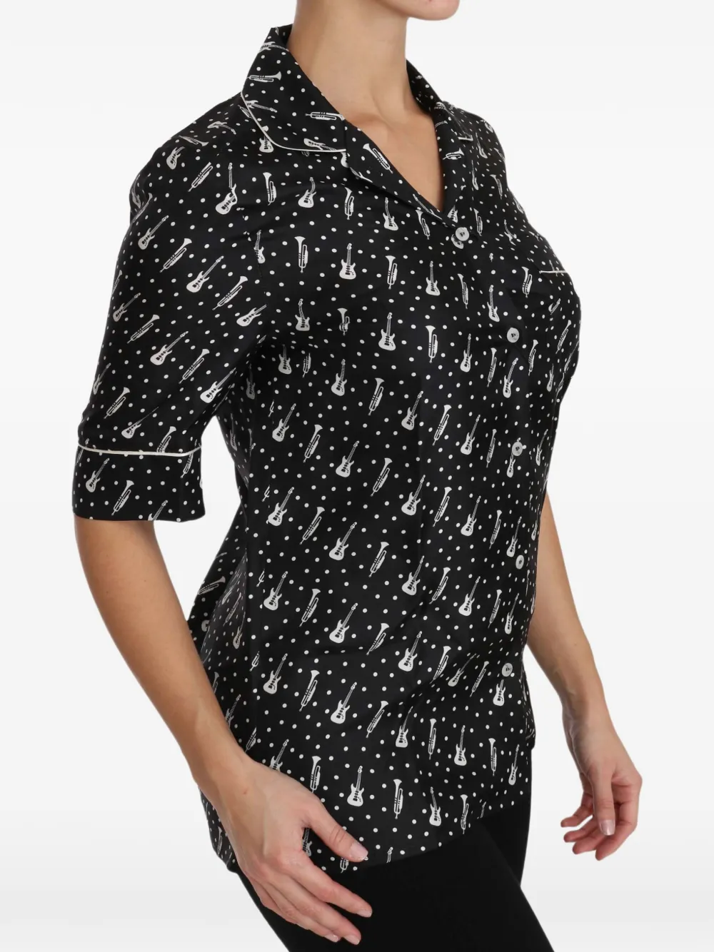 Dolce & Gabbana Zijden blouse met stippen en muziekinstrument Zwart